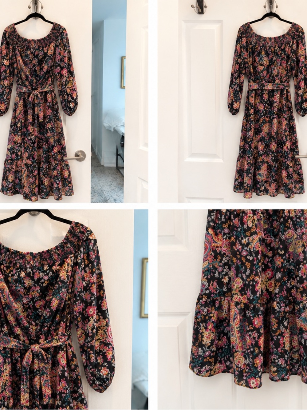 Sam Edelman Black Floral Tiered Midi Dress with Belt - Off Shoulder